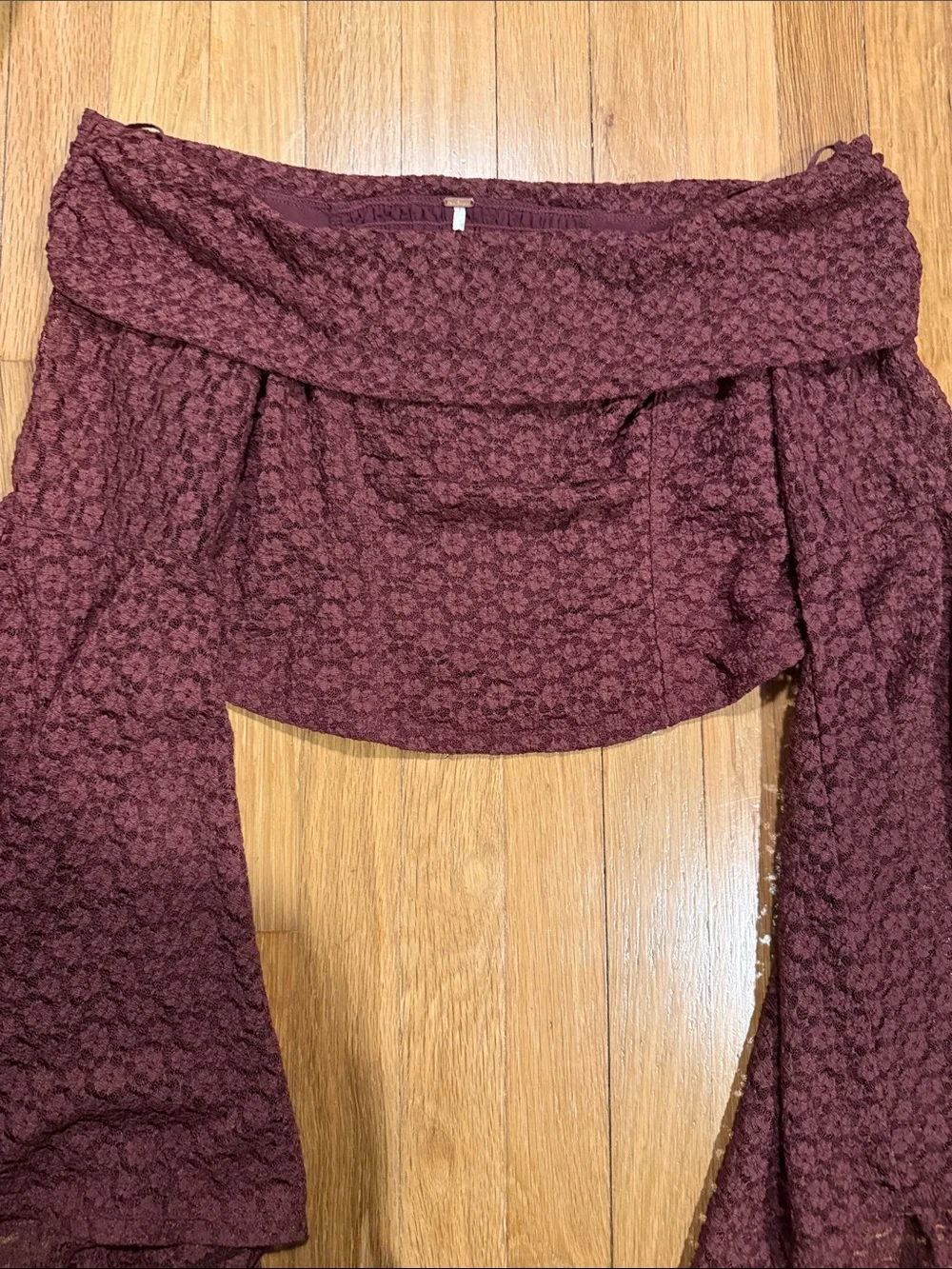 Free People Lola Off the Shoulder Lace Top Bell Sleeves Burgundy L